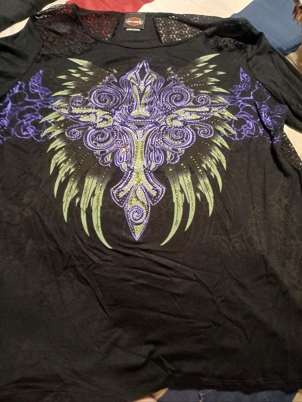 Harley-Davidson Black Tee with Purple and Green Winged Cross Graphic